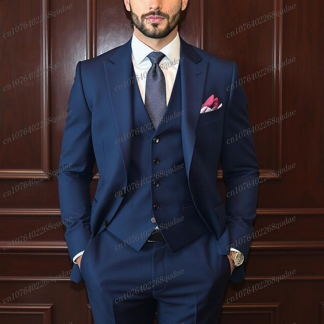 Formal Wear Jersey For Men - ネイビーブルーのフォーマルな場向けメンズスーツ、結婚式、パーティー、新郎、花婿の付添人、男性用ビジネススーツ、タキシードコスチューム、3ピースセット（ブレザー、ベスト、パンツ）