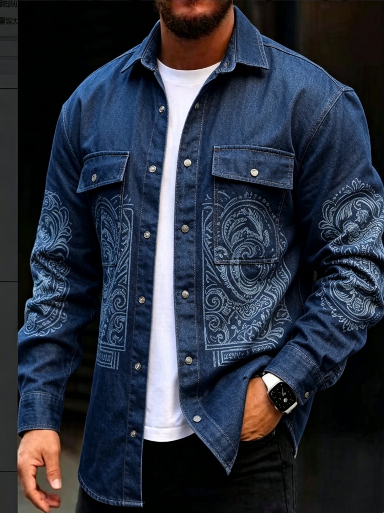 Men'S Ethnic & Formal Designer Wear Studio S - メンズレトロバンダナペイズリーグラフィックフェイクデニムシャツエスニックオーナメントプリント長袖カーゴポケットカジュアルトップ