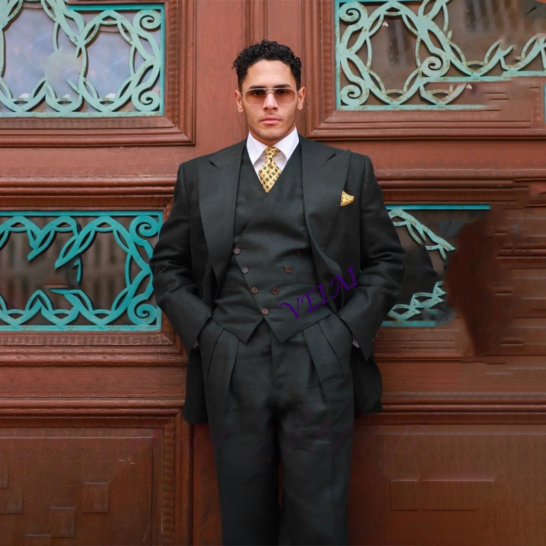 Men'S Formal Wear Waistcoat - カスタマイズされたブラックのスリムフィット3ピースタキシードセット（男性用）、ピークドラペルジャケット、ベスト、パンツ、ウェディンググルームフォーマルウェア