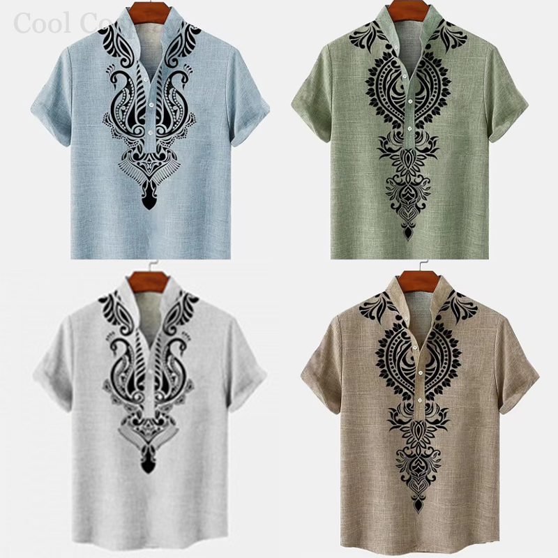 Men'S Ethnic & Formal Designer Wear Studio S - 男性レトロトップスヘンリーシャツメンズ 3D 印刷エスニックスタイルシャツファッションボタンダウン襟半袖高品質