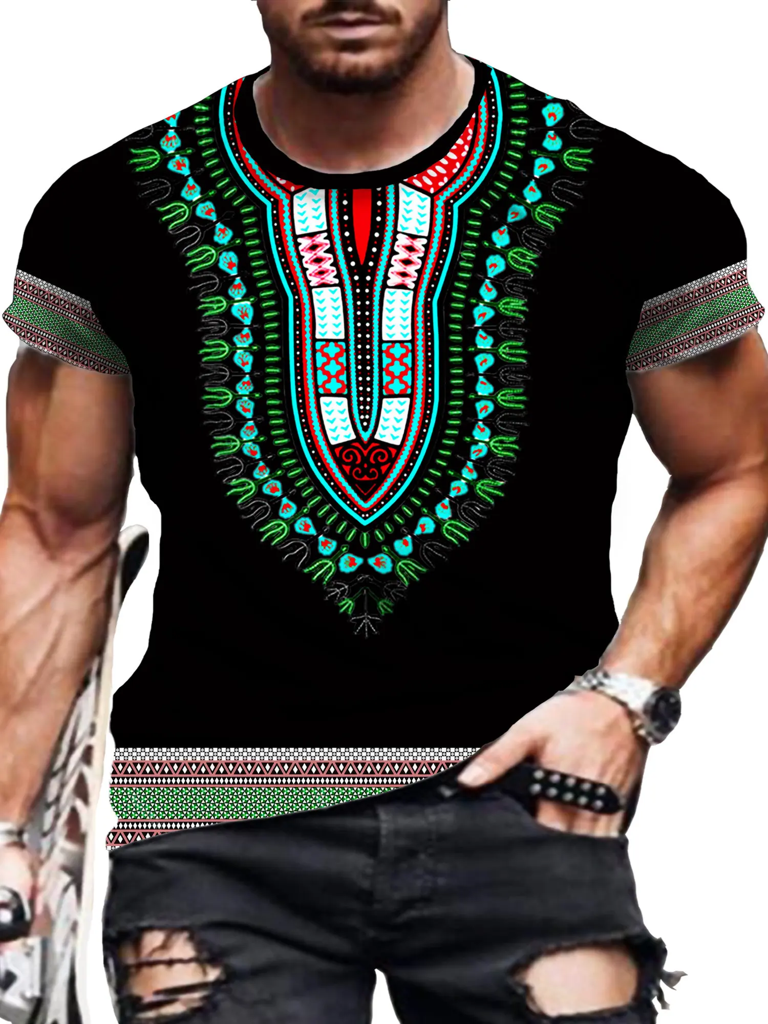 Men'S Ethnic & Formal Designer Wear Studio S - カジュアルメンズTシャツ アフリカ民族風Tシャツ オーバーサイズ半袖トップス ヴィンテージ メンズTシャツ