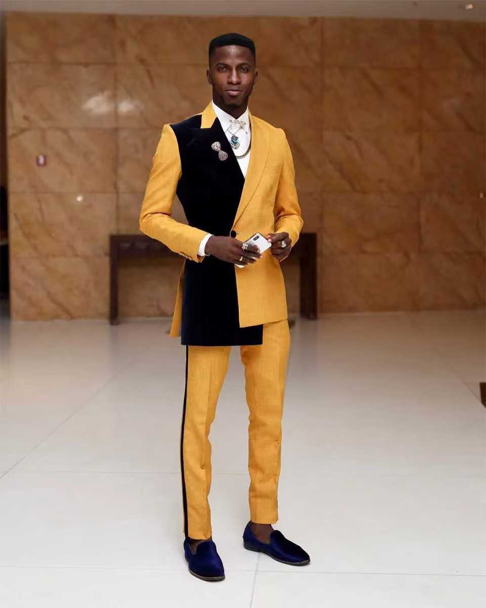 Formal Wear For Men Yellow - 黒黄色男性スーツセット 2 ピースブレザー + パンツズボン結婚式タキシード新郎ウエディングコートカスタマイズされたフォーマルビジネスオフィスジャケット