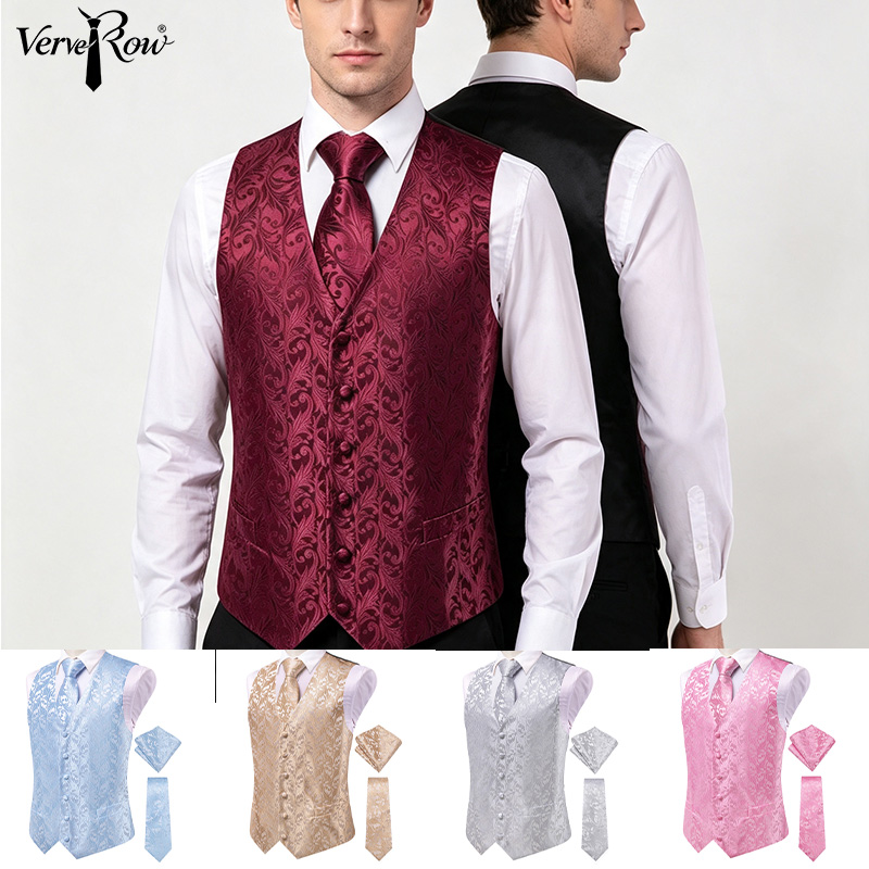 Men'S Formal Wear Waistcoat - VerveRow メンズ バーガンディ 花柄ジャカード スーツベスト 3点セット