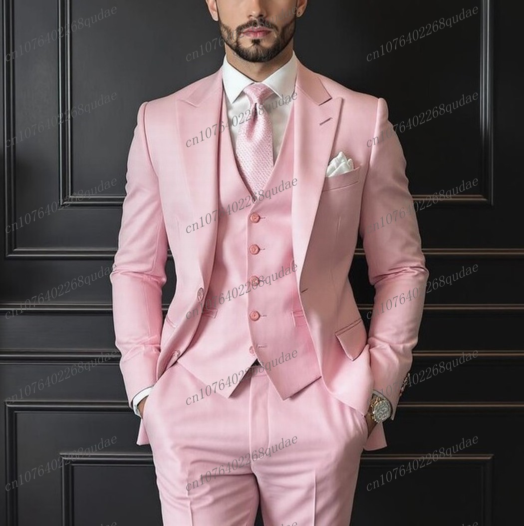 Formal Wear Jersey For Men - ピンクフォーマルな機会男性スーツ結婚式パーティー新郎花婿の付添人男性ビジネスタキシード衣装 3 点セットブレザーベストパンツ