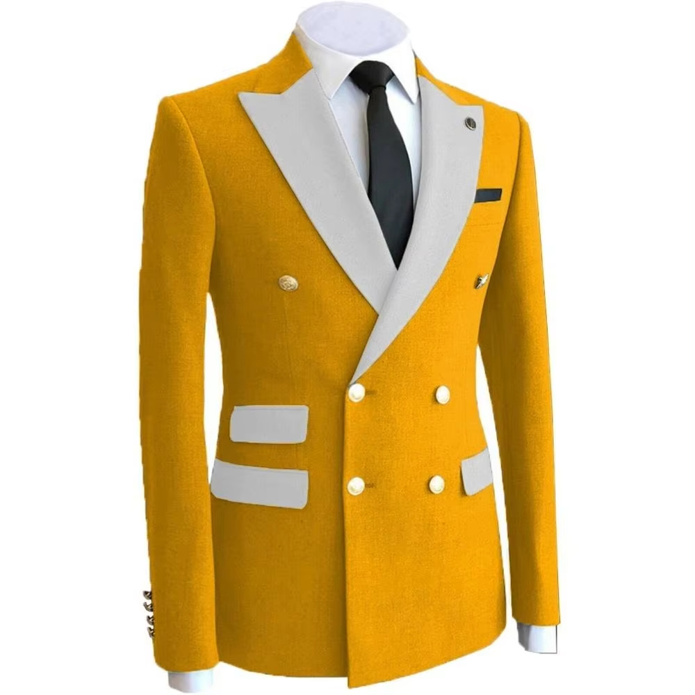 Formal Wear For Men Yellow - イエロービジネスグルームウェアオムパーティーダブルブレストコートウェディングメンズスーツブレザータキシードジャケットフォーマルコスチューム