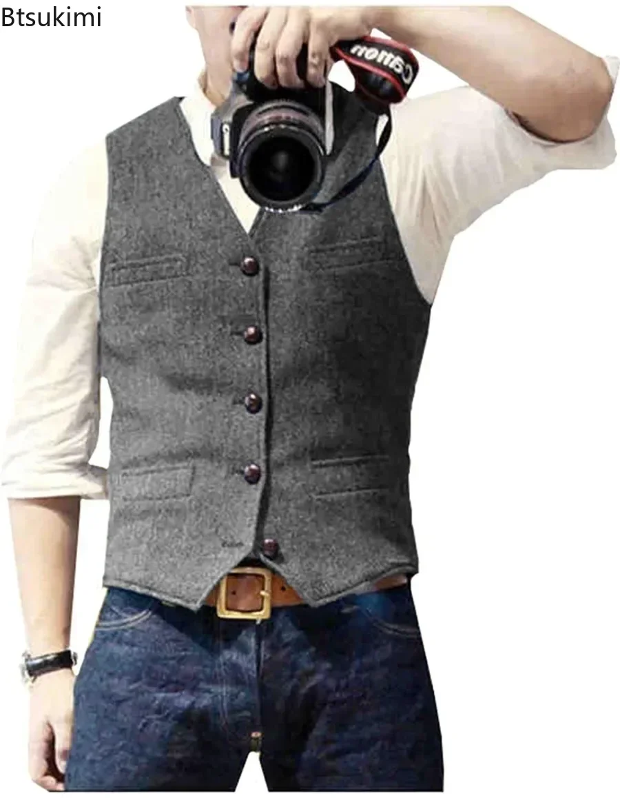 Men'S Formal Wear Waistcoat - 2026年メンズヴィンテージVネックスーツベスト クラシックフォーマルビジネスヘリンボーンツイードスリムベスト パーティーウェアウェディンググルームトップスベスト