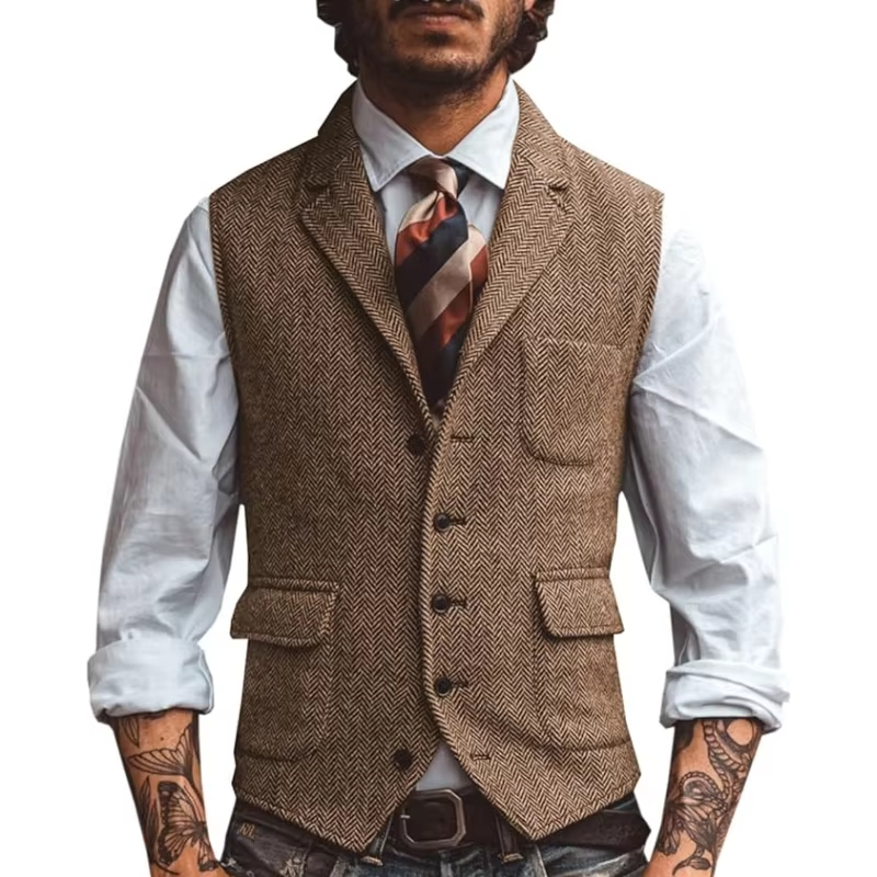 Men'S Formal Wear Waistcoat - レトロツイードメンズベスト ヘリンボーンノッチラペルカラー カジュアルフォーマルベスト 男性用 結婚式パーティー用