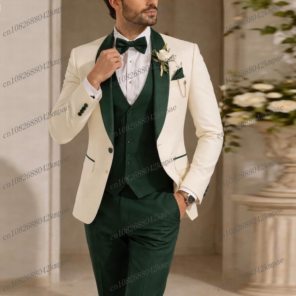 Men Formal Wear Pinterest - 新作アイボリーとダークグリーンのフォーマルメンズスーツ、新郎、花婿介添人、結婚式、パーティー、プロム、ビジネス用男性タキシード、3ピースセット（ブレザー、ベスト、パンツ）