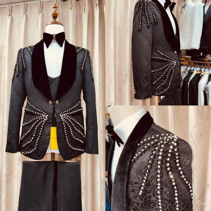 Men'S Formal Wear Waistcoat - 豪華なクリスタルタッセル付きメンズスーツ3ピース ベルベットラペル ジャカードコート ベスト パンツ フォーマルタキシード