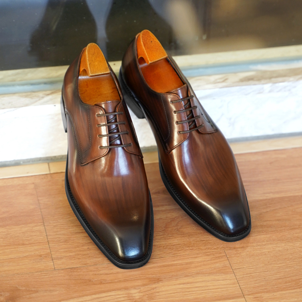 Men Formal Wear Dress - メンズビジネスカジュアルシューズ、ヴィンテージ風木目調スクエアトゥレザーダービーシューズ、快適なオフィスウェア、フォーマルなドレスシューズ、フットウェア