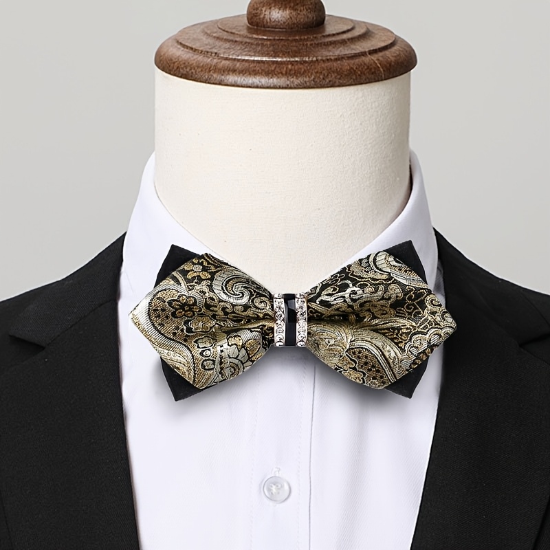 Formal Wear For Men Yellow - メンズジャカードサテン蝶ネクタイ、ラインストーン装飾付き、ノータイ蝶ネクタイ、ブルー、イエロー、マルチカラーペイズリー柄、ライトラグジュアリーレトロスタイル、男性の結婚式、宴会、フォーマルウェア、パーティーに最適