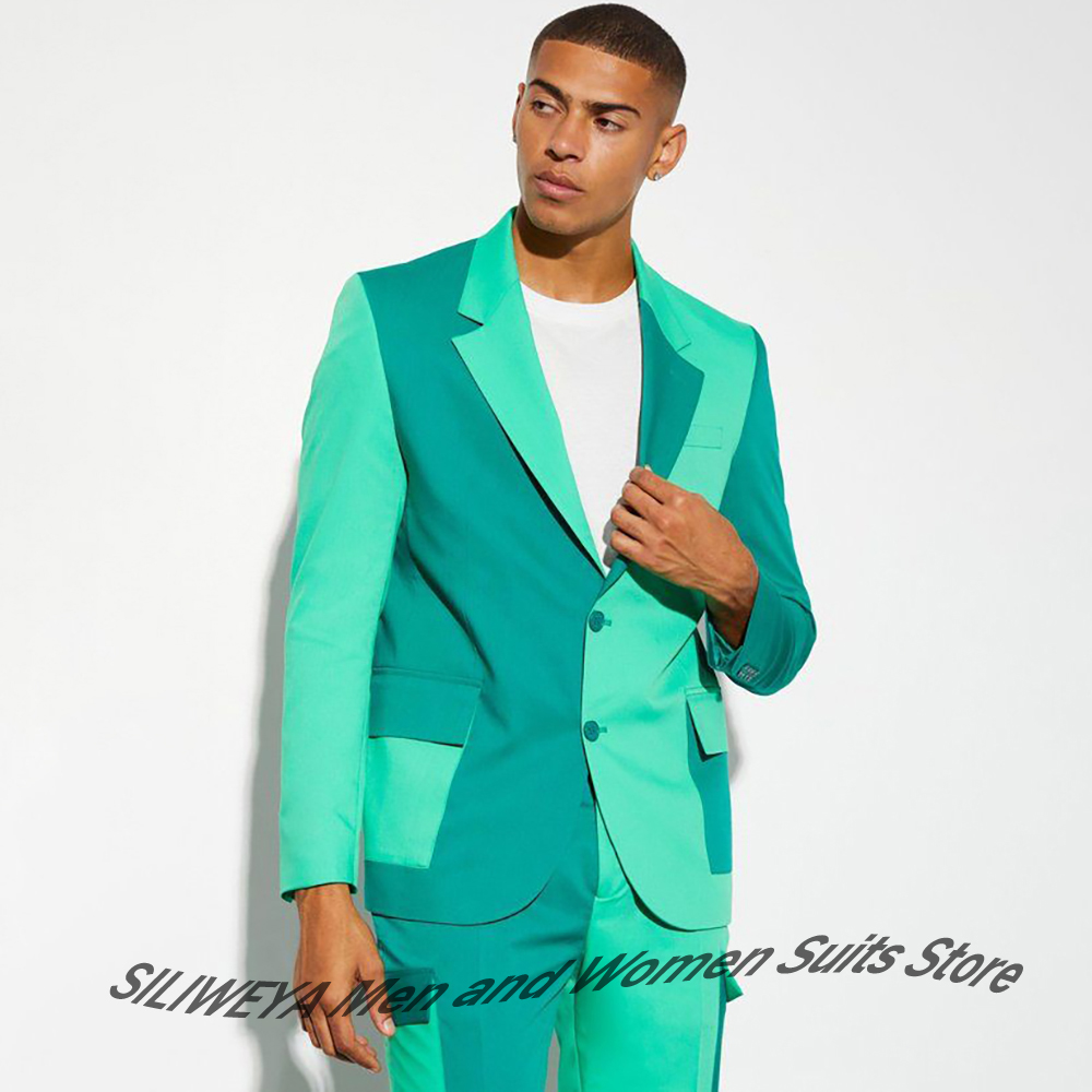 Men Formal Party Wear Dress - スタイリッシュなメンズツートーンターコイズブレザー＆パンツセット、カラーブロックフォーマルツーピーススーツ、ファッショナブルなカジュアルイベントウェア