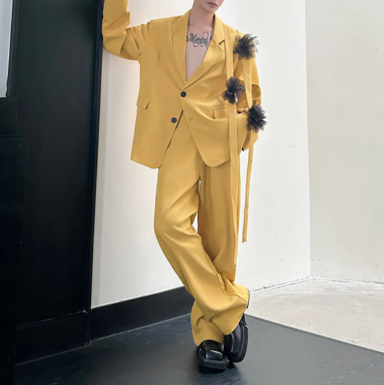 Formal Wear For Men Yellow - 黄色のメンズスーツセット 2ピース ブレザー+パンツ 綿素材 3Dフラワー カスタムメイド