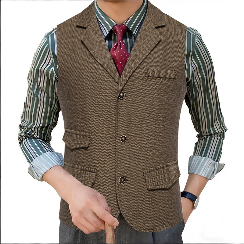 Men'S Formal Wear Waistcoat - メンズヘリンボーンツイードスーツベストノッチドラペルシングルブレストウエストコート結婚式ビジネスヴィンテージフォーマルウェア