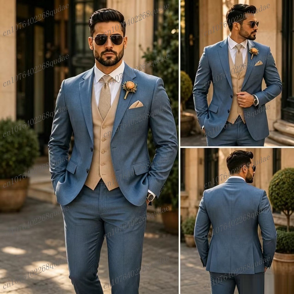 Formal Wear Jersey For Men - ブルーとベージュのフォーマルメンズスーツ結婚式の新郎花婿の付添人男性タキシード花婿衣装 3 点セットブレザーベストパンツ
