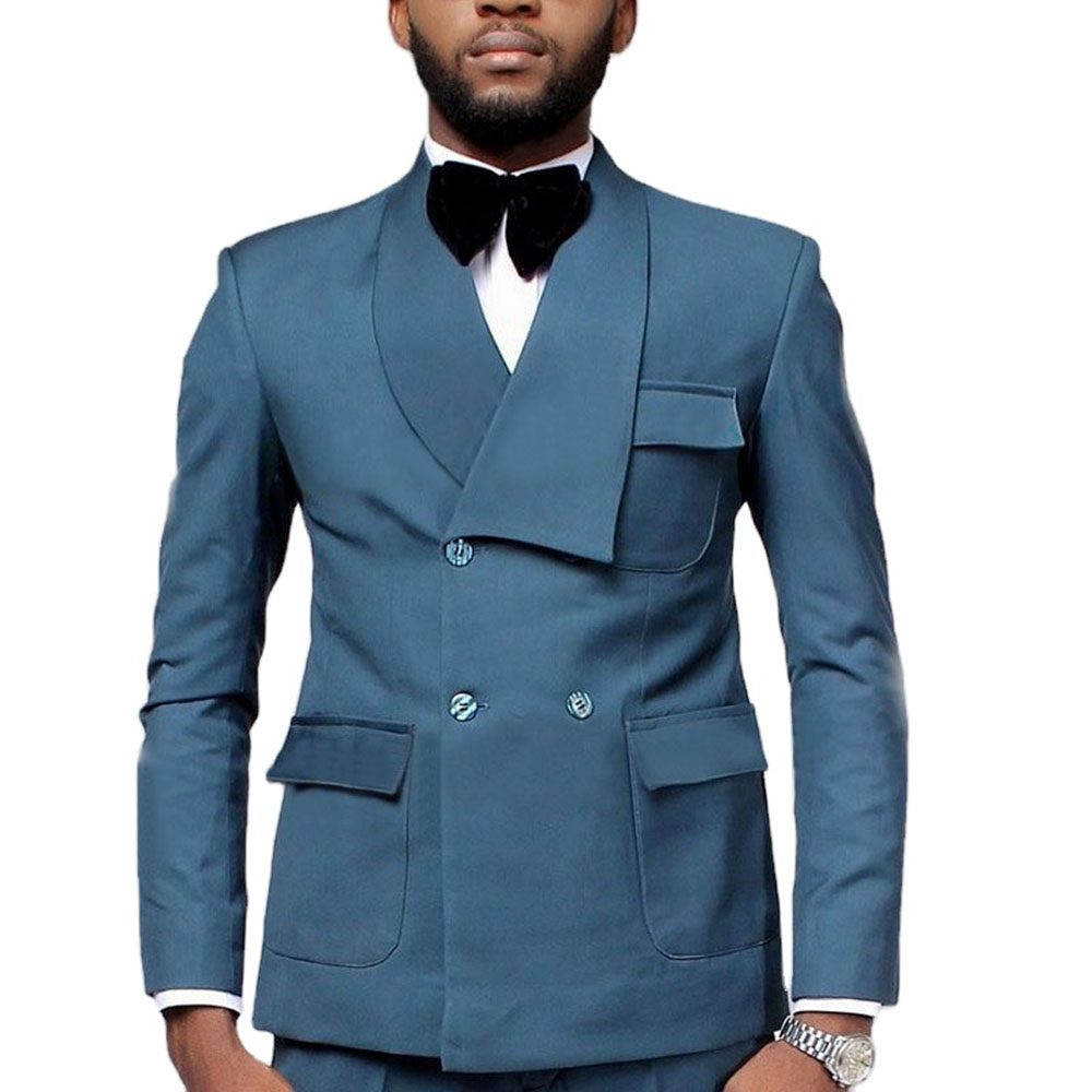 最新デザインのダブルブレストレイクブルーブレザーパンツメンズ - Men Formal Party Wear Dress のレビューと価格