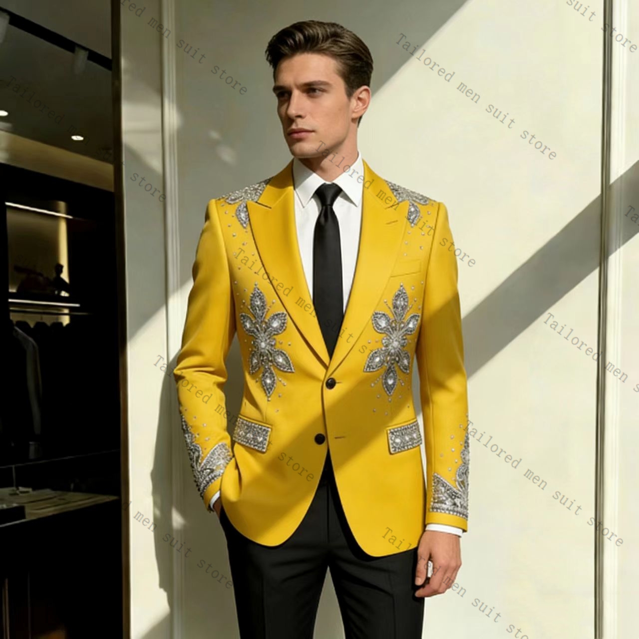 黄色のメンズスーツパンツセット 2ピース クリスタルブレザー - Formal Wear For Men Yellow のレビューと価格