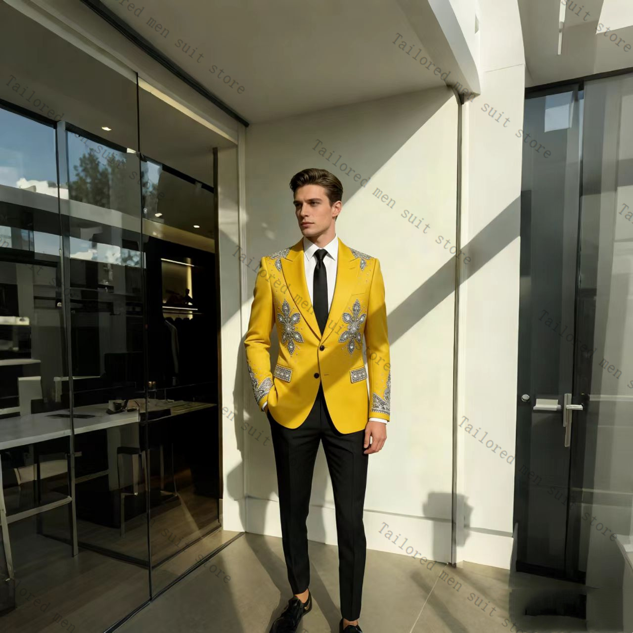 黄色のメンズスーツパンツセット 2ピース クリスタルブレザー - Formal Wear For Men Yellow のレビューと価格