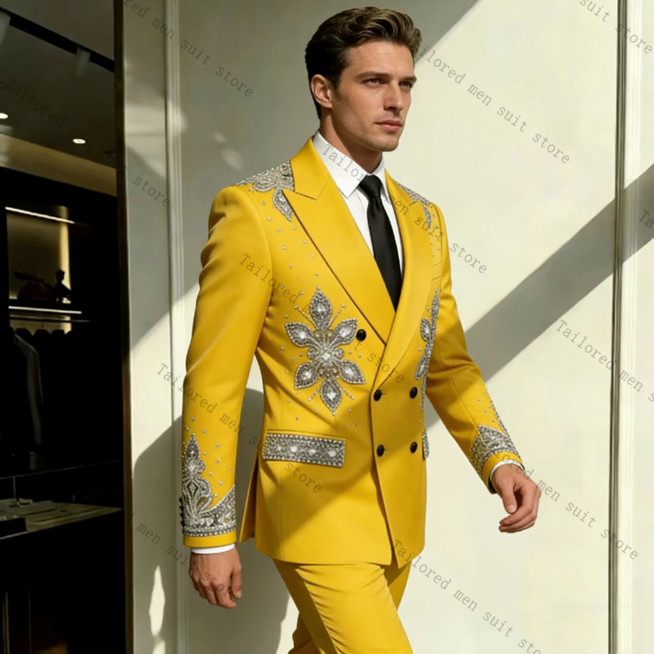 黄色のメンズスーツパンツセット 2ピース クリスタルブレザー - Formal Wear For Men Yellow のレビューと価格