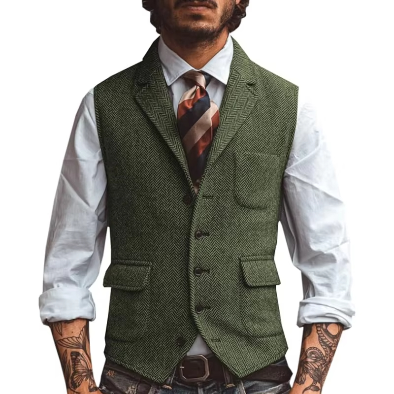 レトロツイードメンズベスト ヘリンボーンノッチラペルカラー  - Men'S Formal Wear Waistcoat のレビューと価格