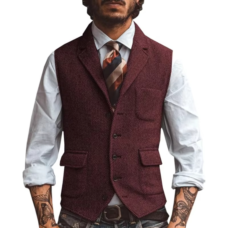 レトロツイードメンズベスト ヘリンボーンノッチラペルカラー  - Men'S Formal Wear Waistcoat のレビューと価格