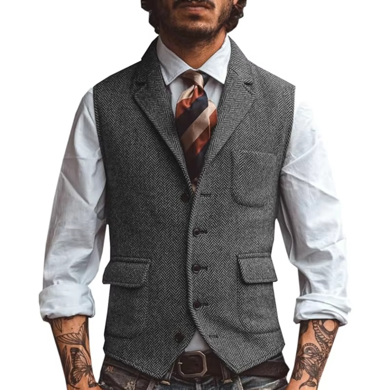 レトロツイードメンズベスト ヘリンボーンノッチラペルカラー  - Men'S Formal Wear Waistcoat のレビューと価格
