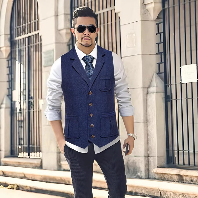 メンズヘリンボーンツイードスーツベストノッチドラペルシングル - Men'S Formal Wear Waistcoat のレビューと価格