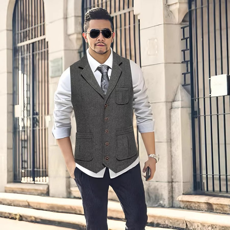 メンズヘリンボーンツイードスーツベストノッチドラペルシングル - Men'S Formal Wear Waistcoat のレビューと価格