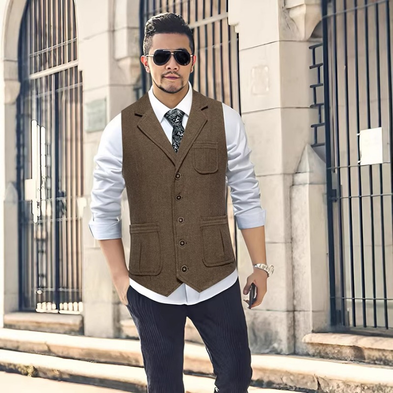メンズヘリンボーンツイードスーツベストノッチドラペルシングル - Men'S Formal Wear Waistcoat のレビューと価格