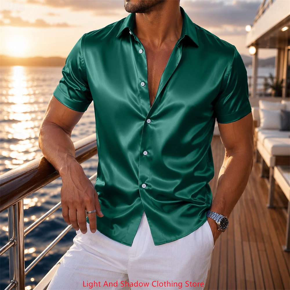 メンズサテン半袖シャツ 高級感のある光沢 フォーマル ボタン - Men Formal Party Wear Dress のレビューと価格