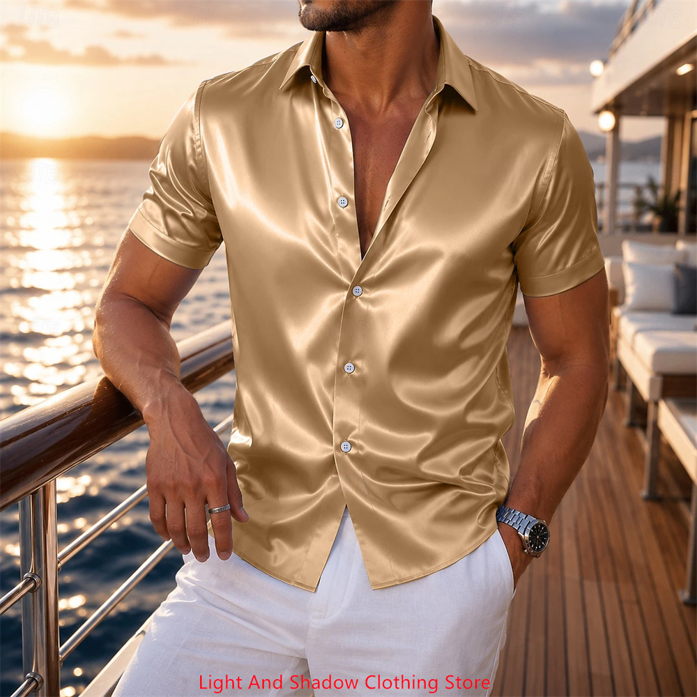 メンズサテン半袖シャツ 高級感のある光沢 フォーマル ボタン - Men Formal Party Wear Dress のレビューと価格