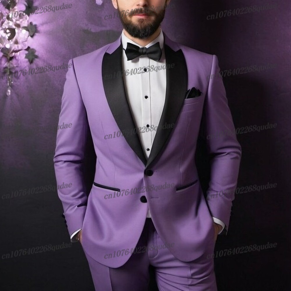 黒襟ライトパープルフォーマルメンズスーツ結婚式パーティー新郎 - Formal Wear Jersey For Men のレビューと価格