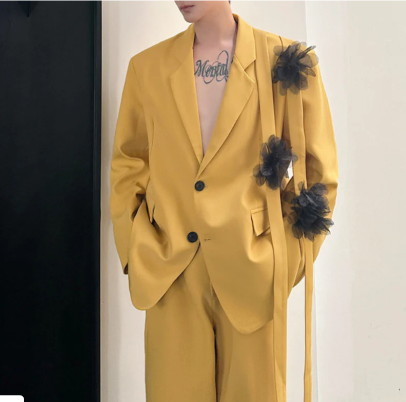 黄色のメンズスーツセット 2ピース ブレザー+パンツ 綿素材 - Formal Wear For Men Yellow のレビューと価格