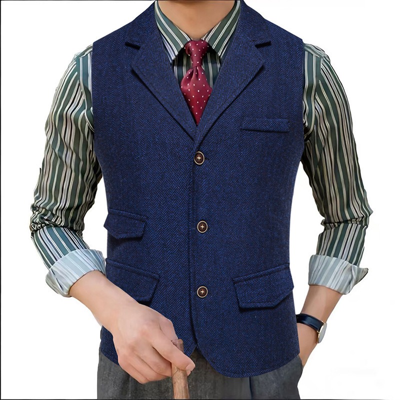 メンズヘリンボーンツイードスーツベストノッチドラペルシングル - Men'S Formal Wear Waistcoat のレビューと価格