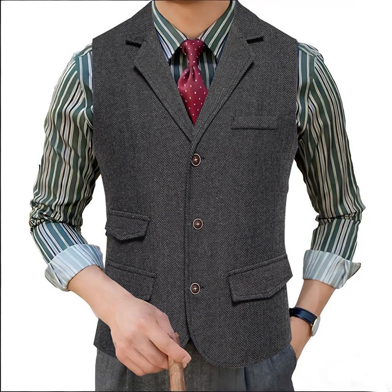 メンズヘリンボーンツイードスーツベストノッチドラペルシングル - Men'S Formal Wear Waistcoat のレビューと価格